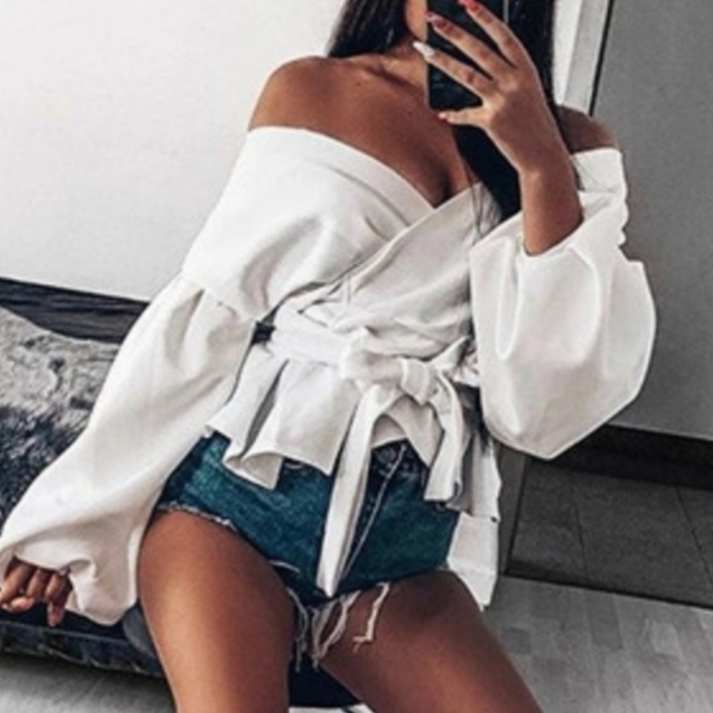 New Chic Off Shoulder Wrap Peplum Top Blouse Lantern Long Sleeve White